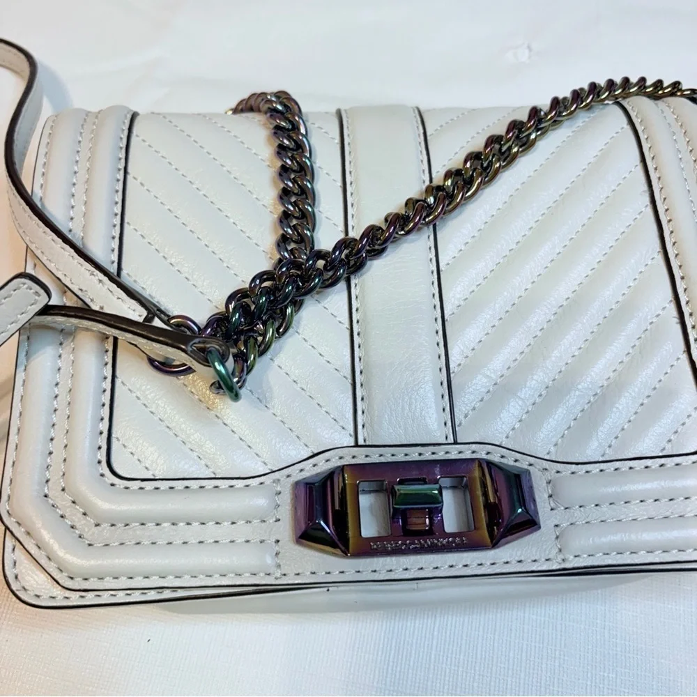 Rebecca Minkoff Ivory Chevron Quilted Small Love Crossbody with Iridescent metal